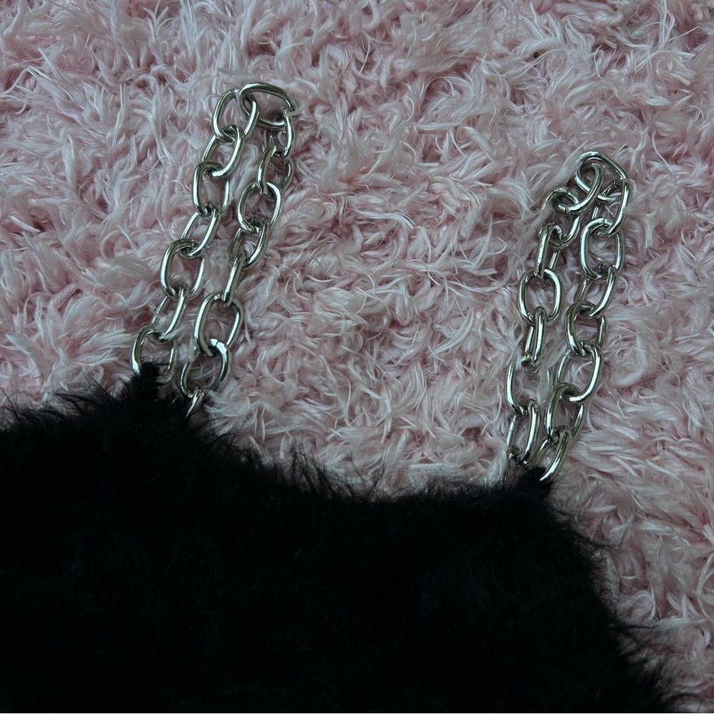 the ragged priest black faux fur silver chain strap crop top, size small